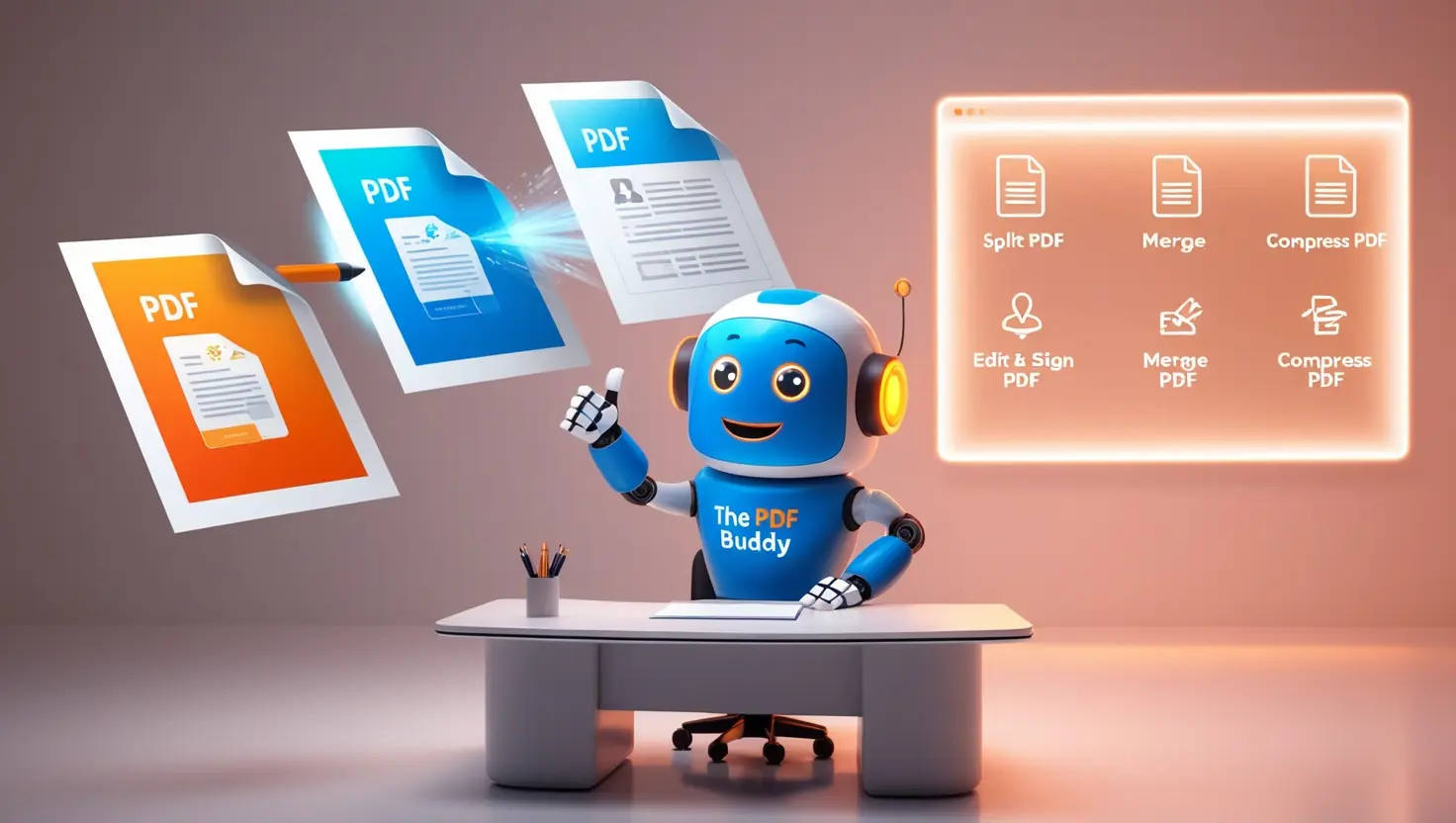 The PDF Buddy robot mascot managing PDF tasks like split, merge, and compress
